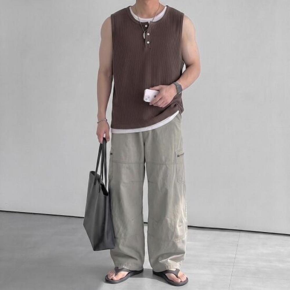 Onl Layered Henley Neck Tank Top Ribbed