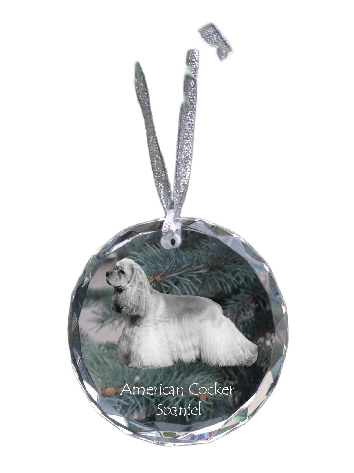 

American Cocker Spaniel, Merry Cocker - crystal bauble with a photo, dog photo in crystal, personalized Christmas tree ornament by Art-Dog brand прозорий
