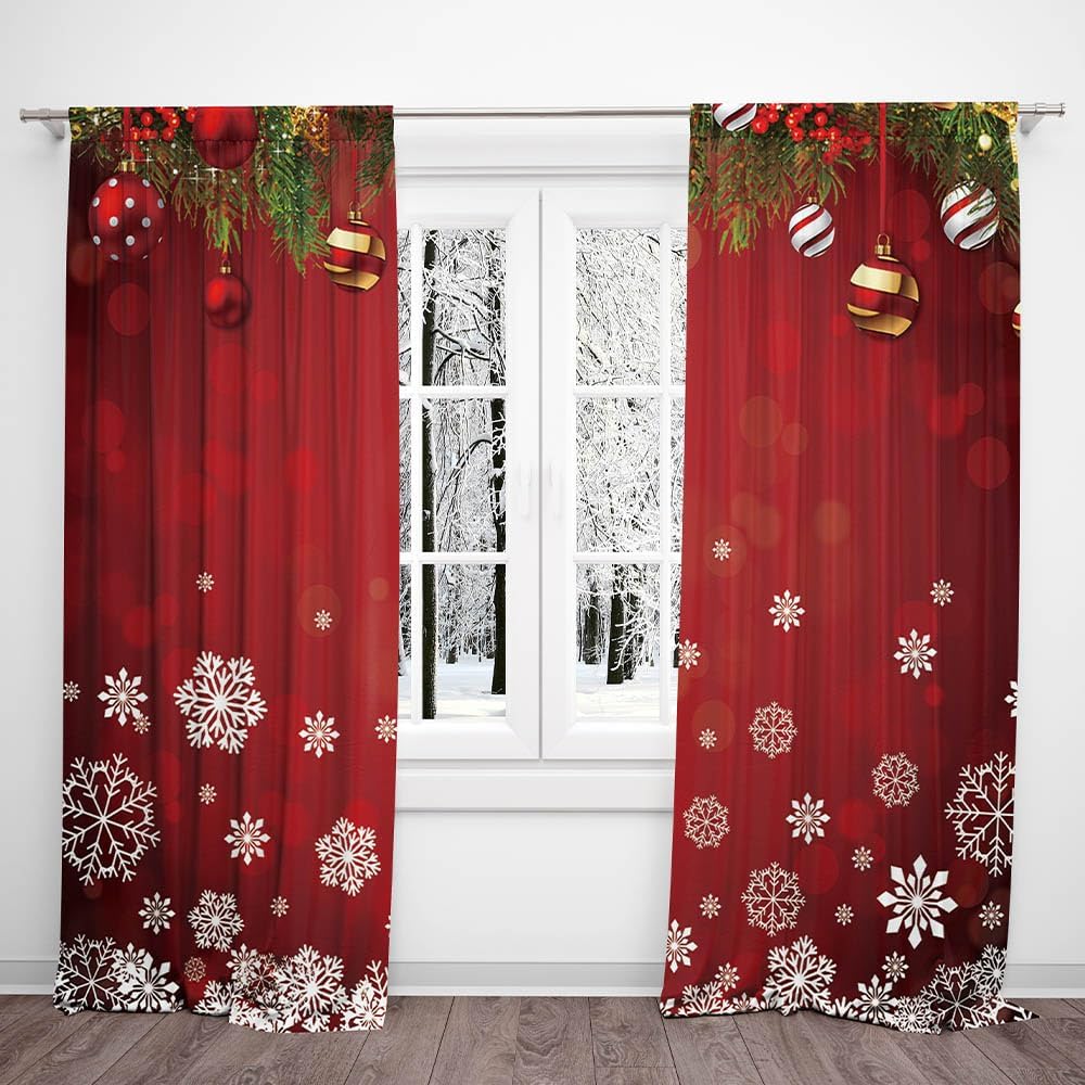 Christmas Snowflake Window Curtains Xmas Ornaments Coniferous Pine Tree Tinsel Theme Bedroom Living Room Decorative Curtain Polyester Perfect For Area