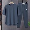 2 pezzi/set uomo estivo sportivo outfit o-collo manica corta t-shirt elastico con coulisse in vita gamba larga pantaloni sportivi lunghi set tinta unita outfit casual
