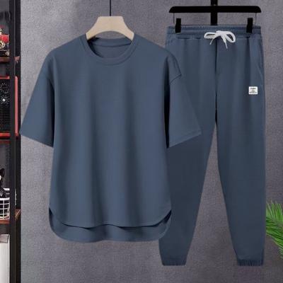 2Pcs/Set Men Summer Sport Outfit O-neck Short Sleeve T-shirt Elastic Drawstring Waist Wide Leg Long Sweatpants Set Solid Color Casual Outfit