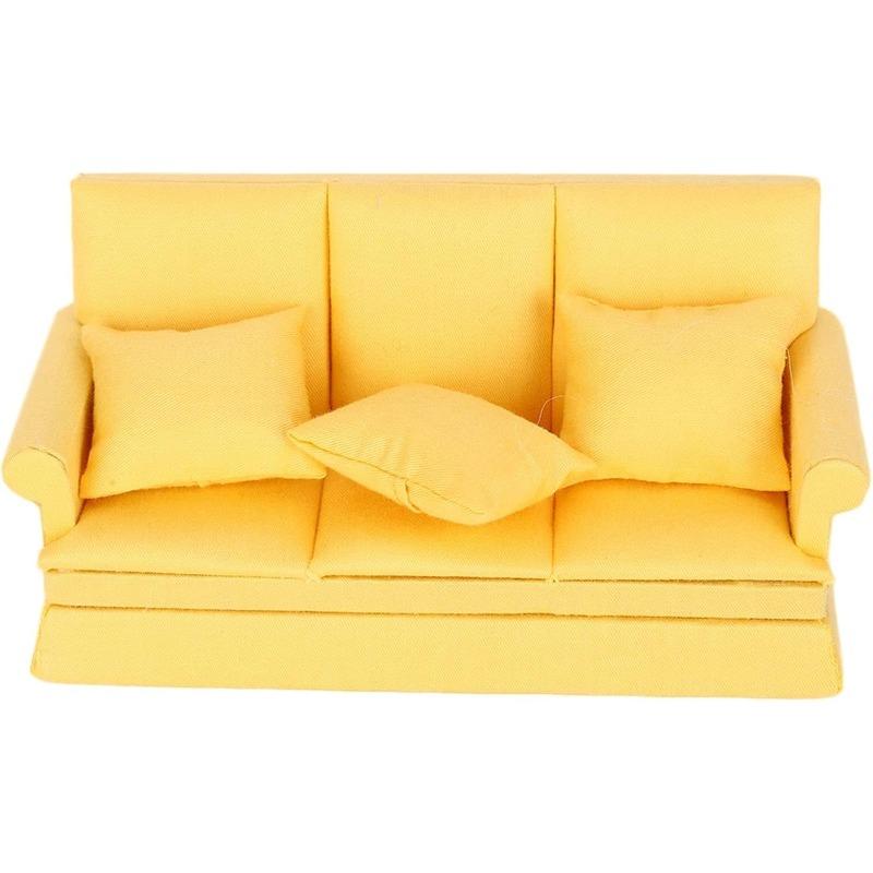 Mini Wooden Dollhouse Sofa 1:12 with 3 Pillows, Highly Simulated Model for Living Room Decoration