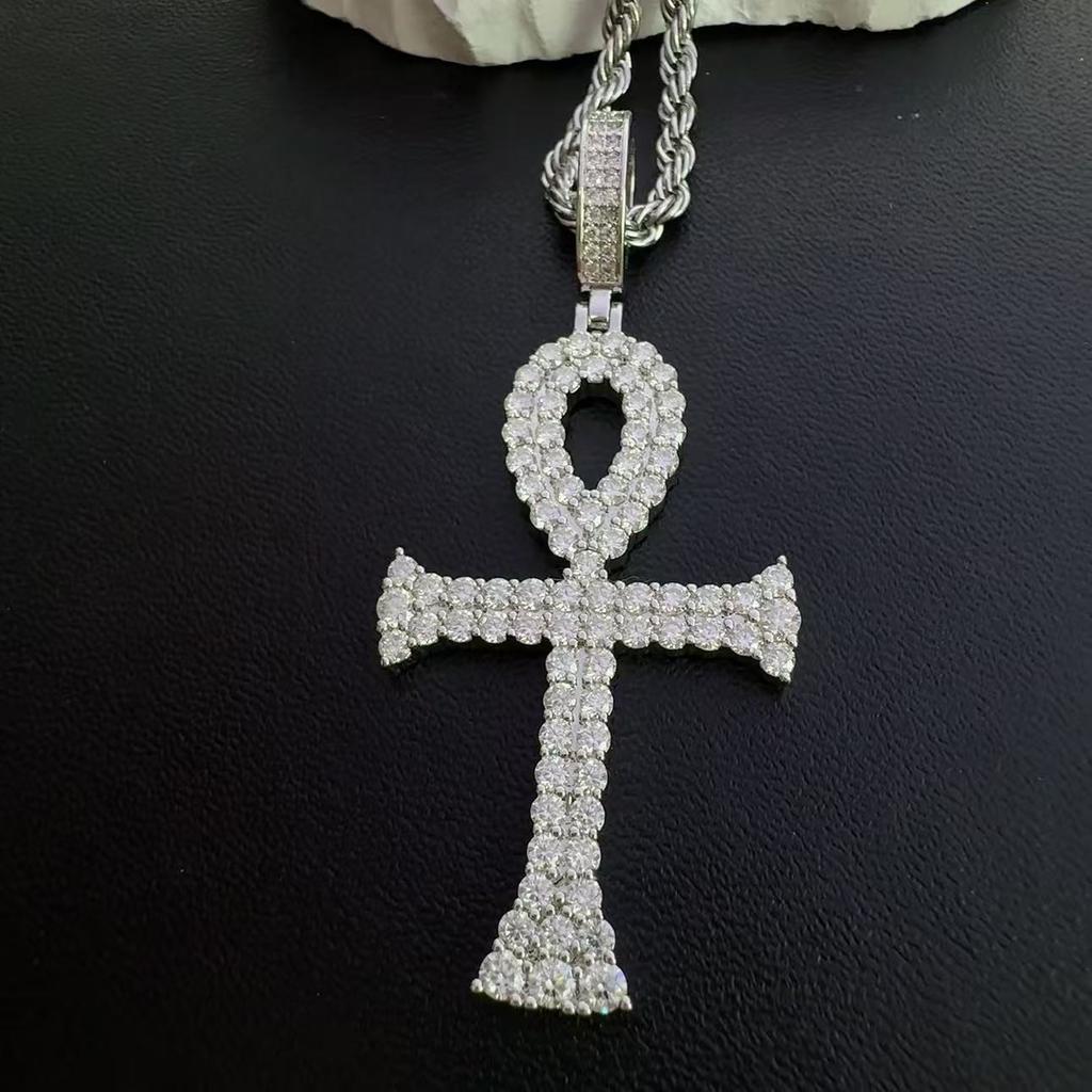 Egyptian Ankh Cross Pendant Necklace Iced Out Moissanite Hip Hop Copper Jewelry For Men Women