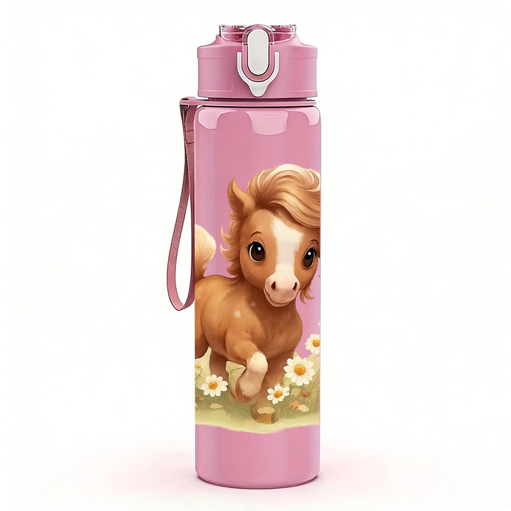 1PC Little Brown Horse Foal Cartoon Print 750ml Color Plastic Sports Water Bottle Leakproof Flip Straw Lid Suitable for Sports Office Home Use