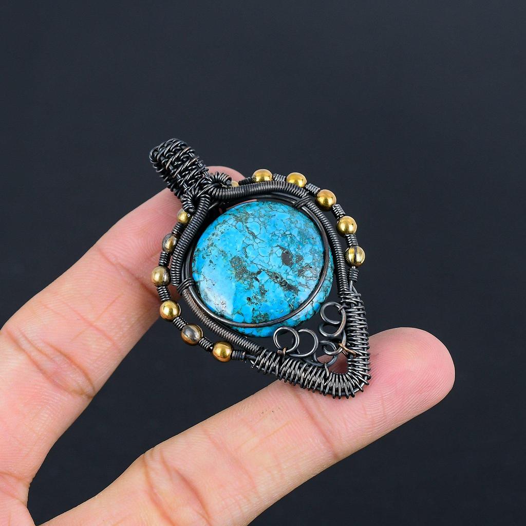 Blue Turquoise Handmade Gemstone Pendant, 999 Copper Wire Wrapped Antique Jewelry Pendant, For Engagement Gift