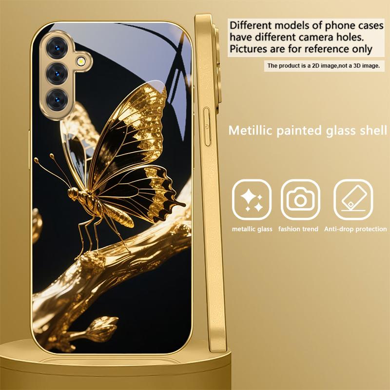 Schmetterling auf dem Ast Für Samsung A 01 52S A04 A05S A10 A12 A13 22 23 24 36 42 M02 Note 10 20Ultra 8 9 Goldene Glas-Handyhülle