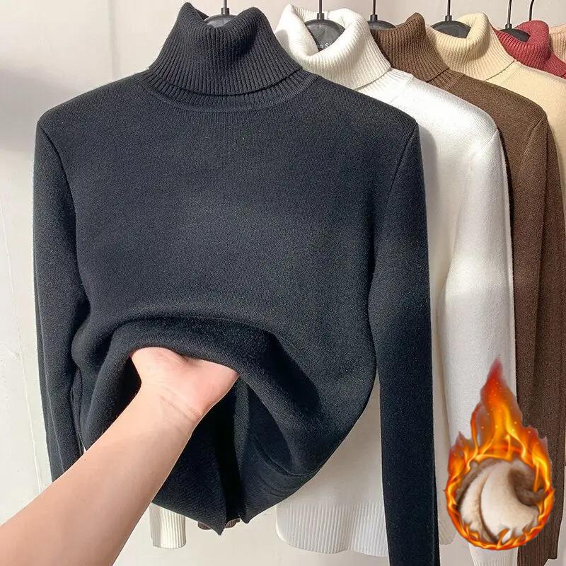 2025 Autumn Winter Women Turtleneck Velvet Thicken Warm Sweater Fleece Thermal Casual Solid Sweater For Women Pullovers