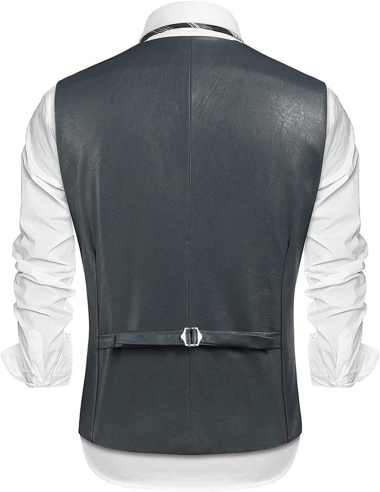 Men's Lambskin Leather Handmade Western Vest Coat Classic Gray Button Formal Wera
