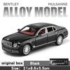 Diecast 1/24 Scale Bentley Mulsanne Alloy Model Car Collection Vehicle Simulation Sound & Light Metal Toy Car Toy for Kids Gift