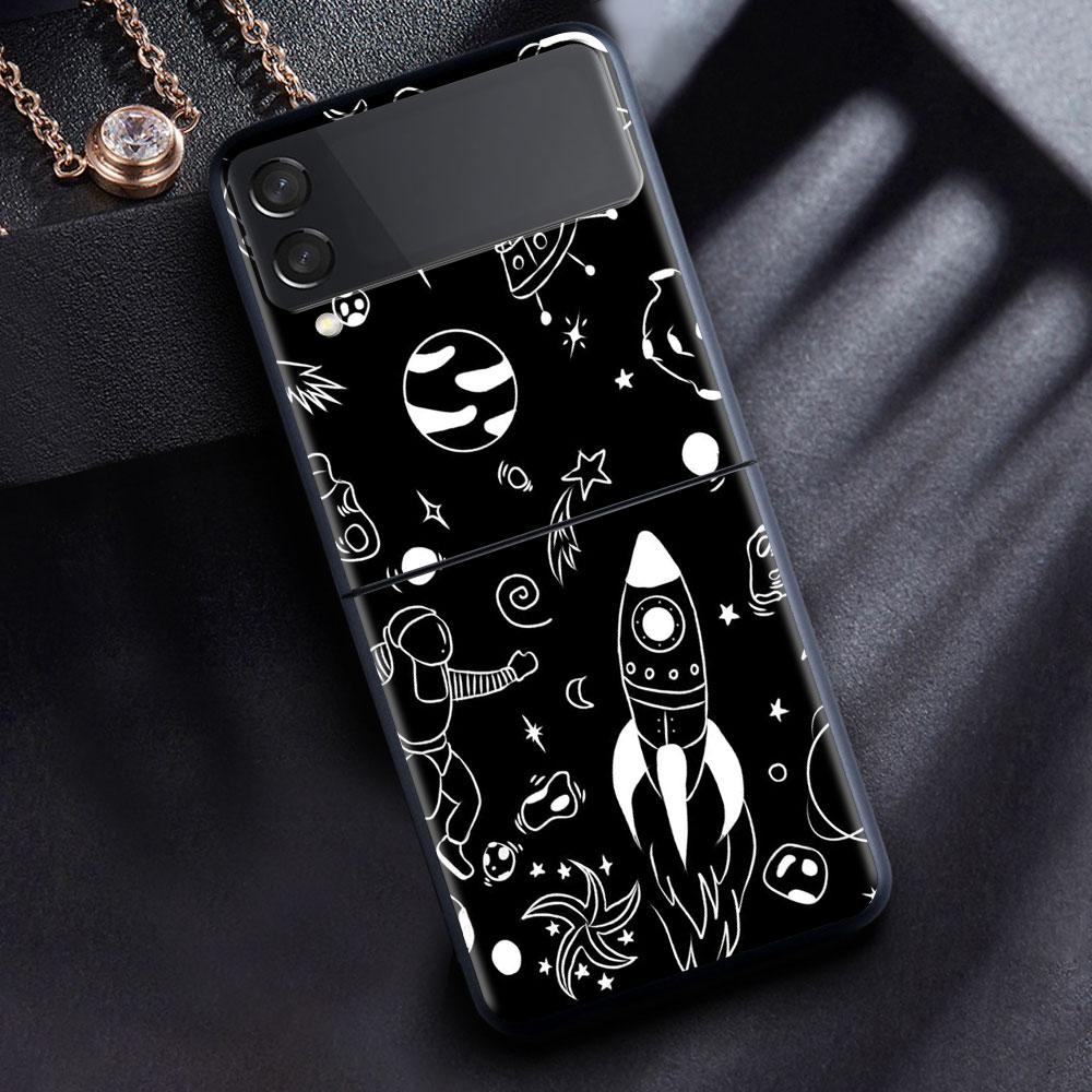 Case For Samsung Galaxy Z Flip 3 4 5G Black Hard PC Phone Housing Z Flip4 Luxury Segmented Cover Cosmic Planet