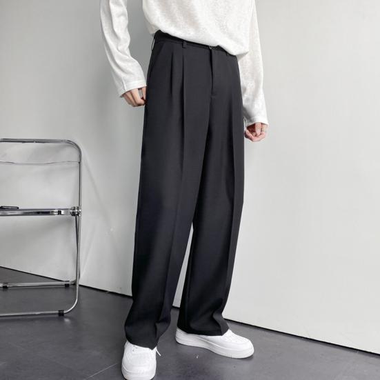 Button Zipper Fly Pockets Loose Korean Style Suit Pants Spring Autumn Mid-Waist Straight Wide Leg Casual Trousers