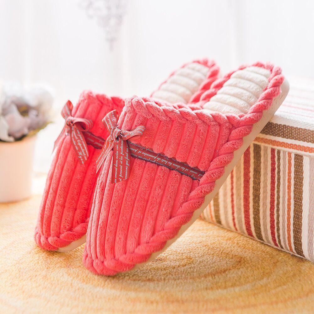 Cozy Bow Plush Slippers: Warm Non-Slip Indoor Cotton for Autumn & Winter