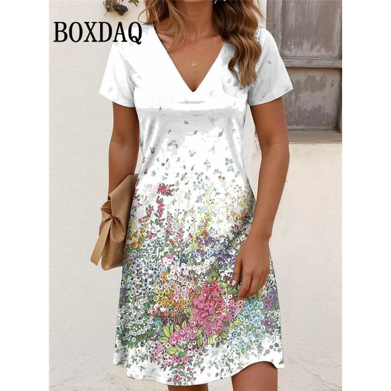 Abiti Estivi Taglie Forti Donna Vintage Floreale Stampa 3D Abito Casual Scollo a V Manica Corta Abiti Larghi Abbigliamento Donna