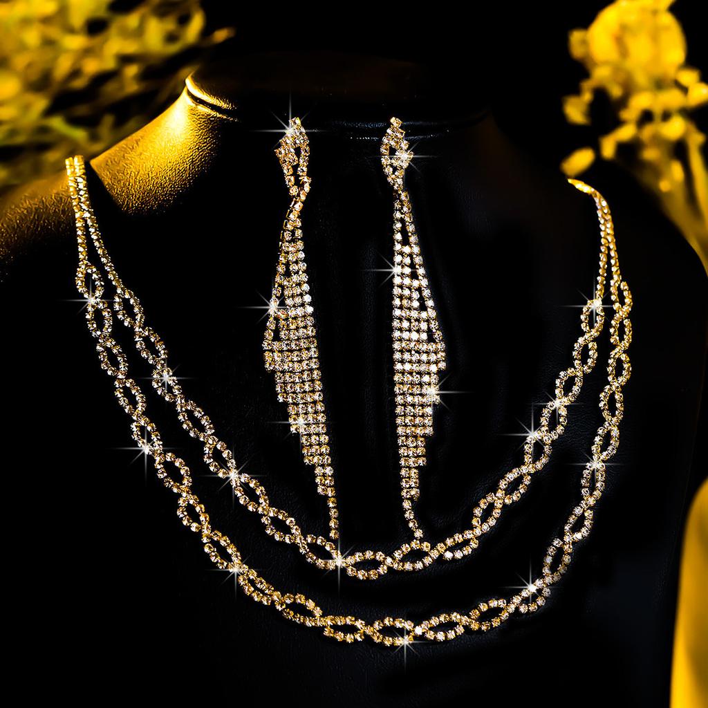 Conjunto de Colar e Brincos de Diamante de Luxo Acessórios para Festa Vestido de Casamento Jantar Corrente de Colar e Brincos de Strass da Moda para Meninas