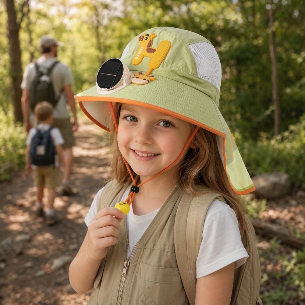 Kids Hat Fan Cap Kids Sun Cap with Built-in Solar Fan Wide Brim Sun Protection Hat Breathable Mesh Summer Hat with Cartoon