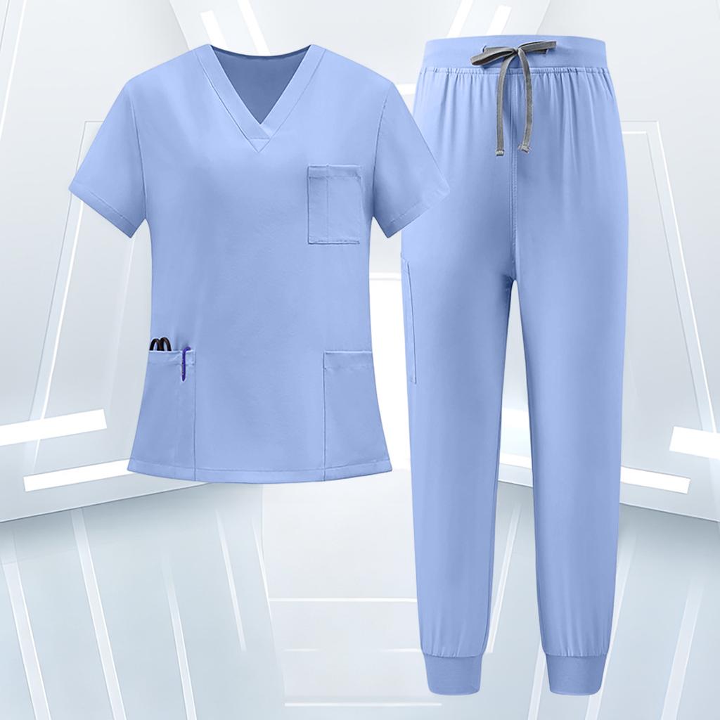 Women's Uniform Scrub Set - Quick-Dry V-Neck Short Sleeve Top with Pockets and Long Pants, Color