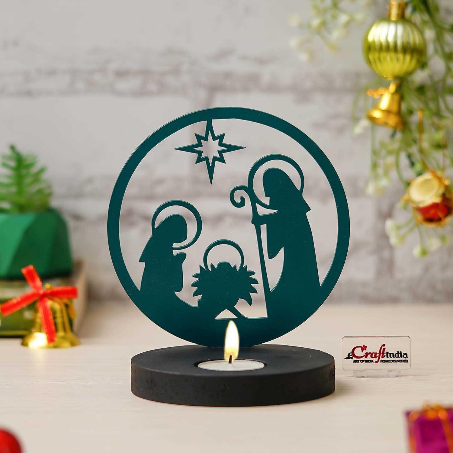 

Nativity Scene Holy Family Jesus Birth Decorative Tea Light Candle Holder (Wooden Green)| Christmas Decoration Items for Home Office