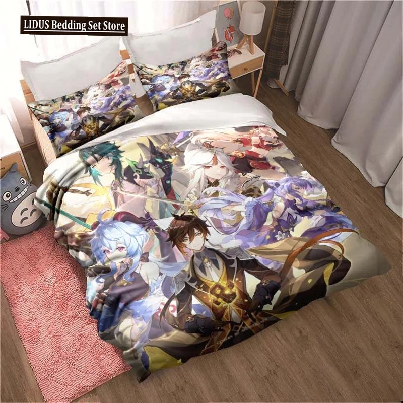 Genshin Impact Gioco Anime Copripiumino 3 Pezzi Copripiumino Letto Copripiumino Letto Matrimoniale King Biancheria per la Casa Ragazzi Adulti