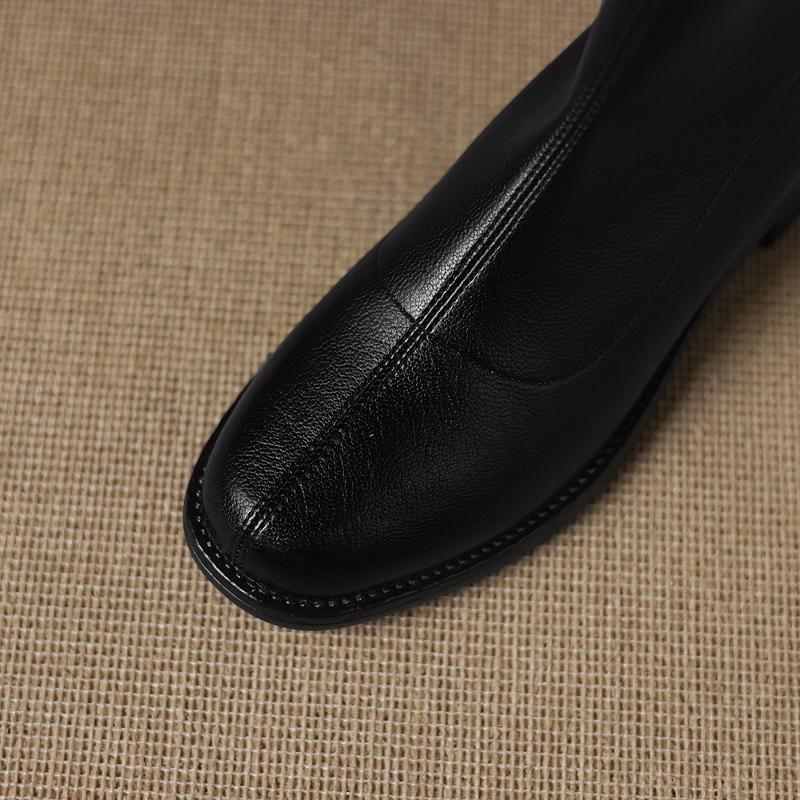 Fashion Women's New Leather Round Toe Autumn and Winter Mid Heel and Calf Back Zipper Retro Comfortable Elastic Short Boots