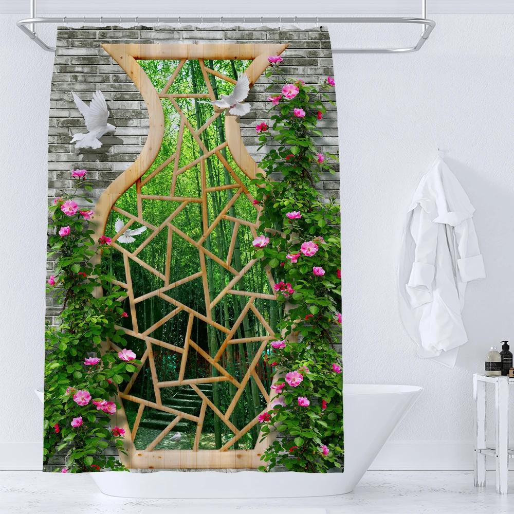 

Fence Flowers Shower Curtains Nature Floral Plants Garden Scenery Wall Hanging Polyester Fabric Home Decor Curtains with Hooks W90xH180cm
