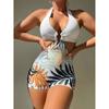 New Halter Women Boyleg One Piece Padded Swimsuit Sports Print Bodysuit Cut Out Bathing Swimming Suit Beach Wear Summer