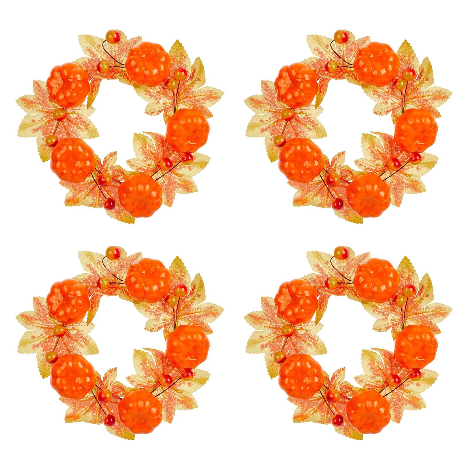 4pcs Thanksgiving Autumn Harvest Maple Leaf Candlestick Wreath Orange Pumpkin Maple Leaf Candle Wreath