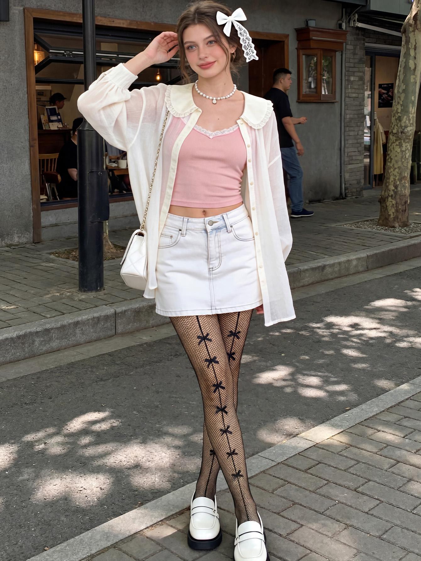 

2Pcs Women S Bow Decor Fishnet Tights Cute Vertical Striped Bow Sheer Mesh Pantyhose Black White Lolita Jk Stockings One Size
