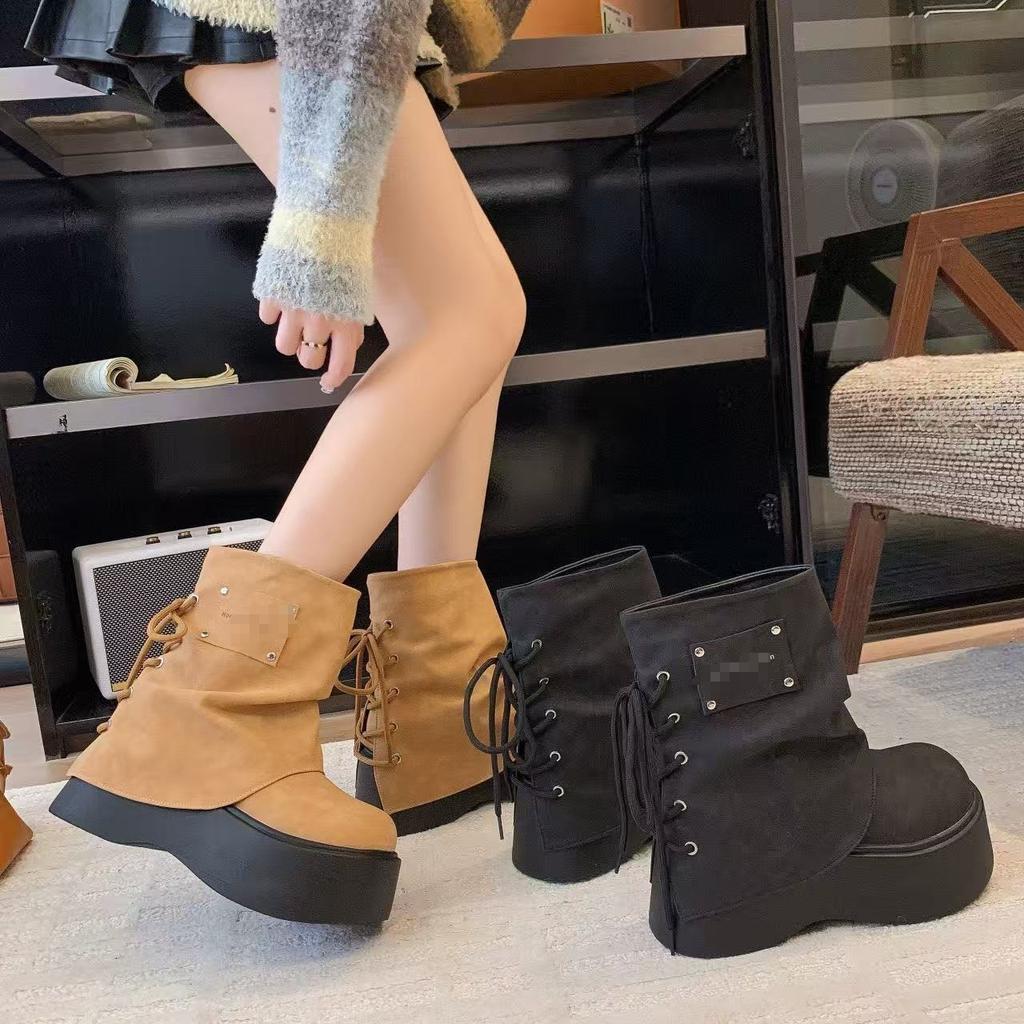 Retro Rear Lace-up Slim Thick-soled Short Boots Women's 2025 New Flow Versatile Big-head Trouser Boots Martin Boots Knight Boots