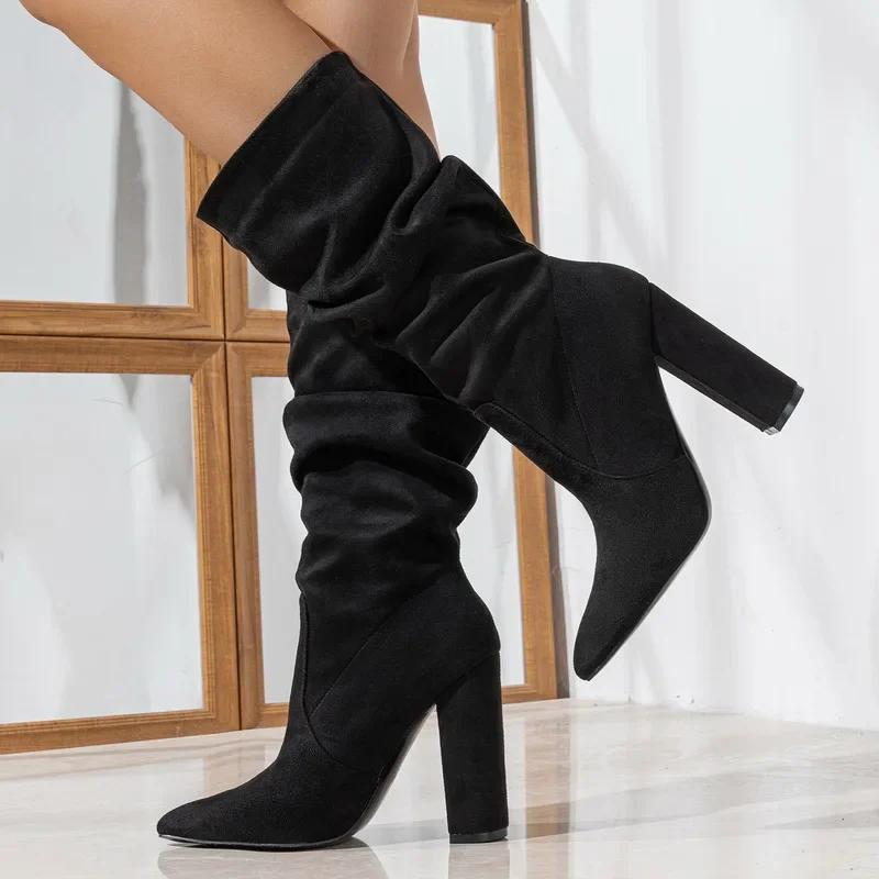 Women Pleated Flocks High Thick Heel Mid-calf Boots for Outdoor Office Nightclub Evening Party Wedding Banquet Botas De Mujer