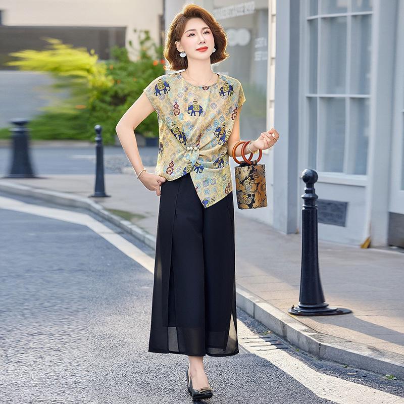 2026 Summer Chinese National Style Women s Two-Piece Set: Elegant Fashion for Middle-Aged and Elderly 4XL