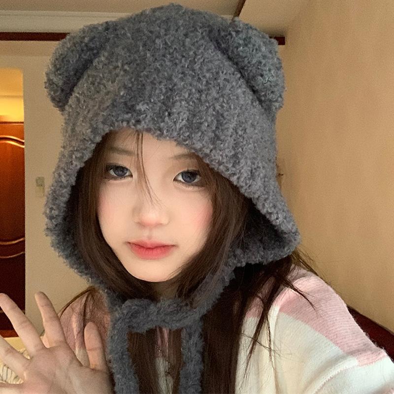 Fată drăguță tricotată ureche protecție pălărie urs femei urechi cap lână croșetată bonetă culoare solidă glugă căciuli iarna cald accesorii