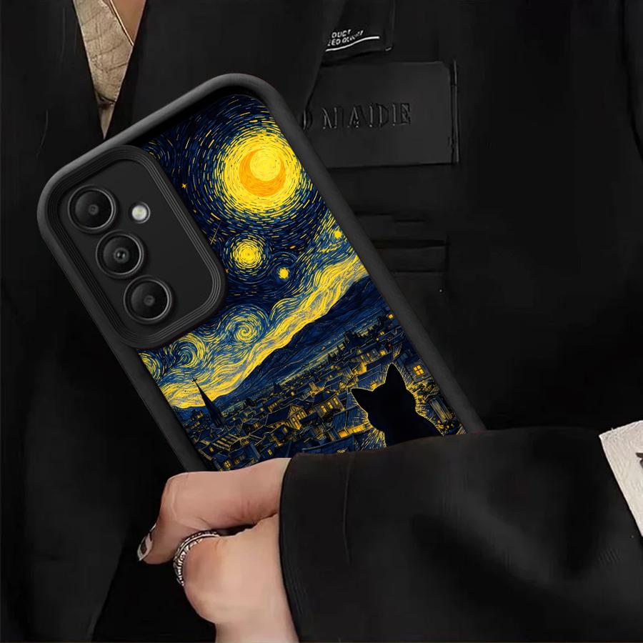 Black Night Star Cat Case for Samsung Galaxy A16 A12 A13 A53 A54 A15 A23 A71 A72 A34 A56 A26 A32 A35 A36 A51 A73 Phone Cover