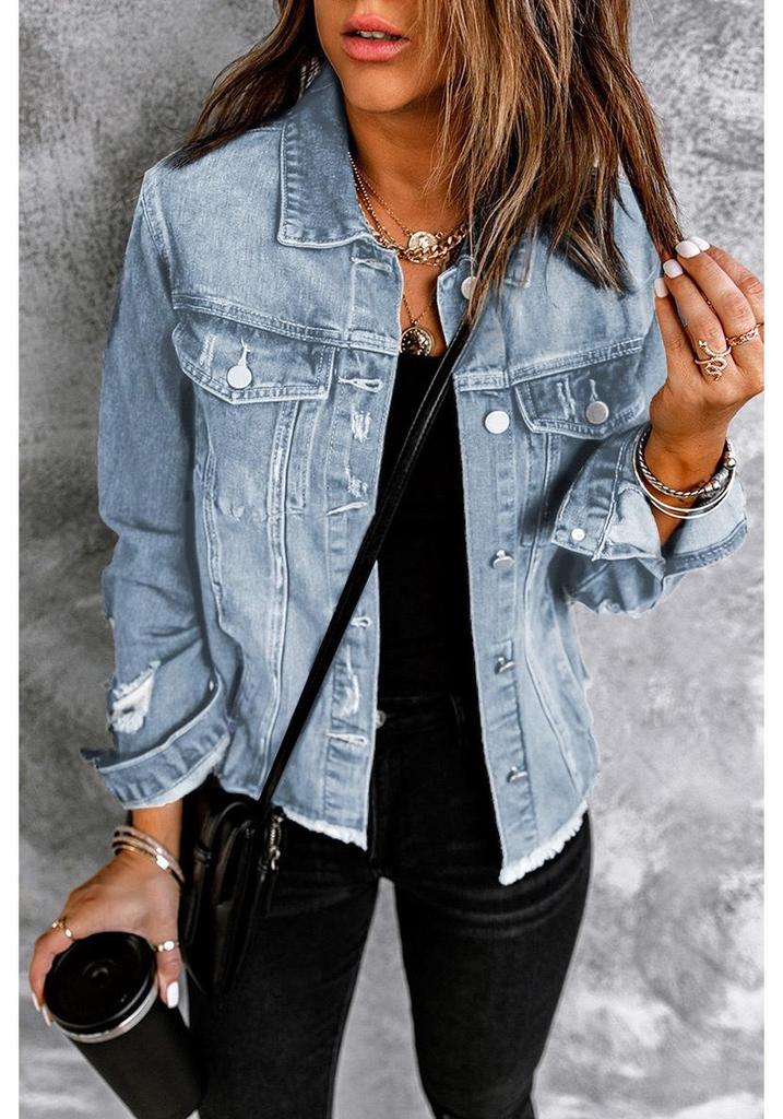 Women's Denim Lapel Jacket - Washed and Ripped, Long Sleeve, Non-Stretch, 2025 Collection.