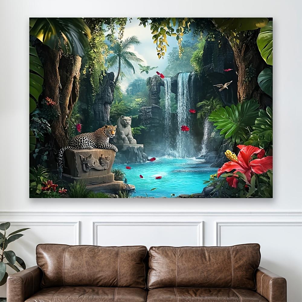 1pc Dreamy Forest Mural with Leopards, Polyester Fiber, Jungle Waterfall Scenery, Living Room and Bedroom Decoration