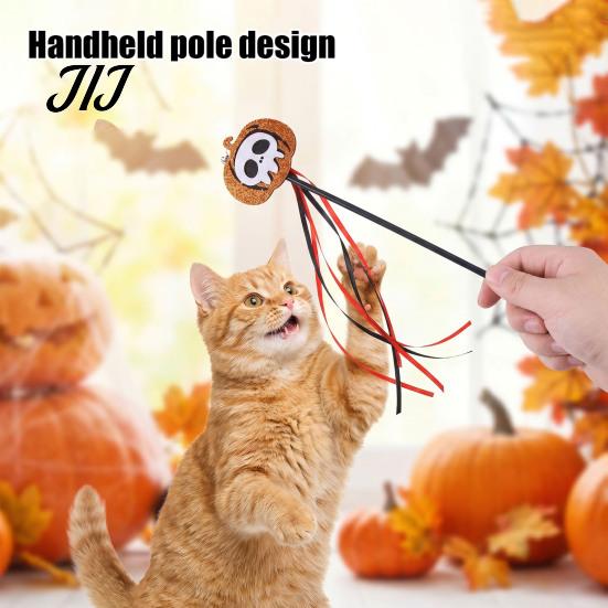 Spooky Spider Pumpkin Skull Toys Halloween Cat Wand Toy, Interactive Toy with Feathers And Bell, Designs, Ribbon for Indoor Cats Lightweight