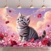 2D Dreamy Cat Tapestry, Adorable Kitten Surrounded by Red Roses and Sparkles Wall Decor