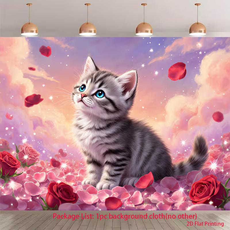 

2D Dreamy Cat Tapestry, Adorable Kitten Surrounded by Red Roses and Sparkles Wall Decor 47.2x31.5inch/120*80cm