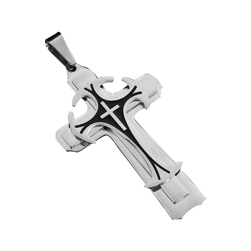 Titanium Steel Long Necklace European And American Domineering Pattern Three Layer Cross Pendant Necklace