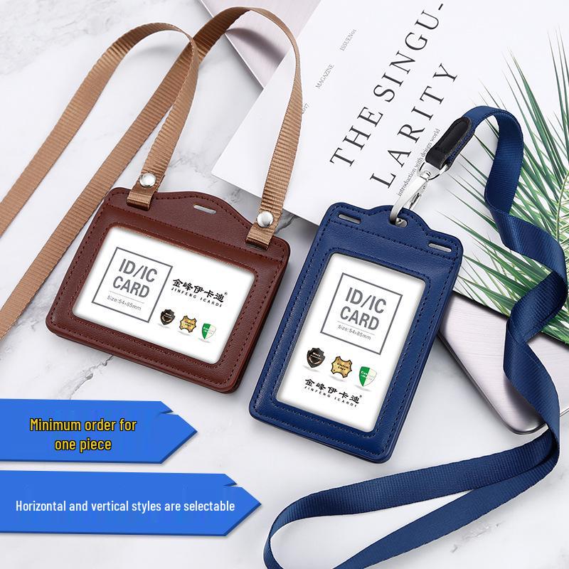 Genuine Leather Work ID Holder with Lanyard, Four Card Slots, Employee Badge Neck Strap.