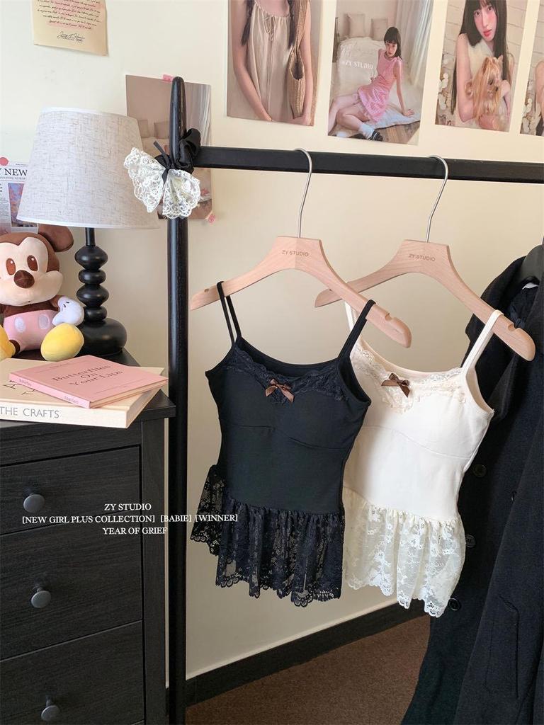 Women's Sweet French Bow Layered White Lace Camisole - Sleeveless Top for Autumn and Winter