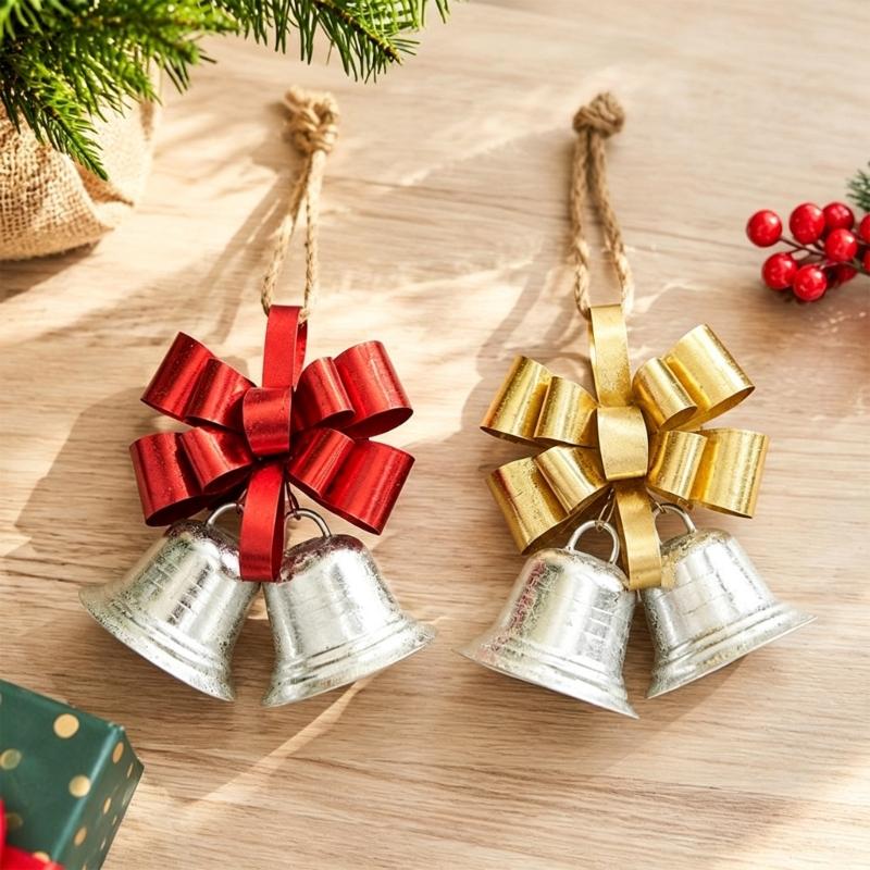 Three-Dimensional Metal Christmas Bowknot Decoration with 2 Iron Bells and Top Hanging Loop for Storefronts and Hotel Lobbies