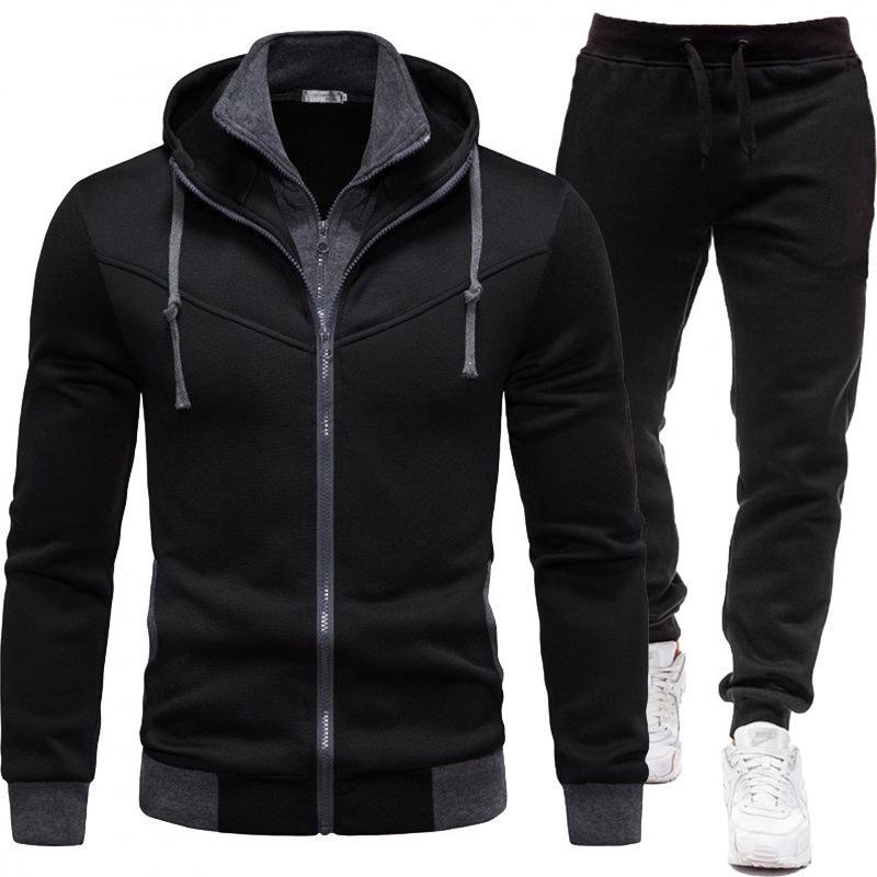 2026 Men's Sporty Patchwork Hooded Jacket and Long Pants Set for Autumn/Winter