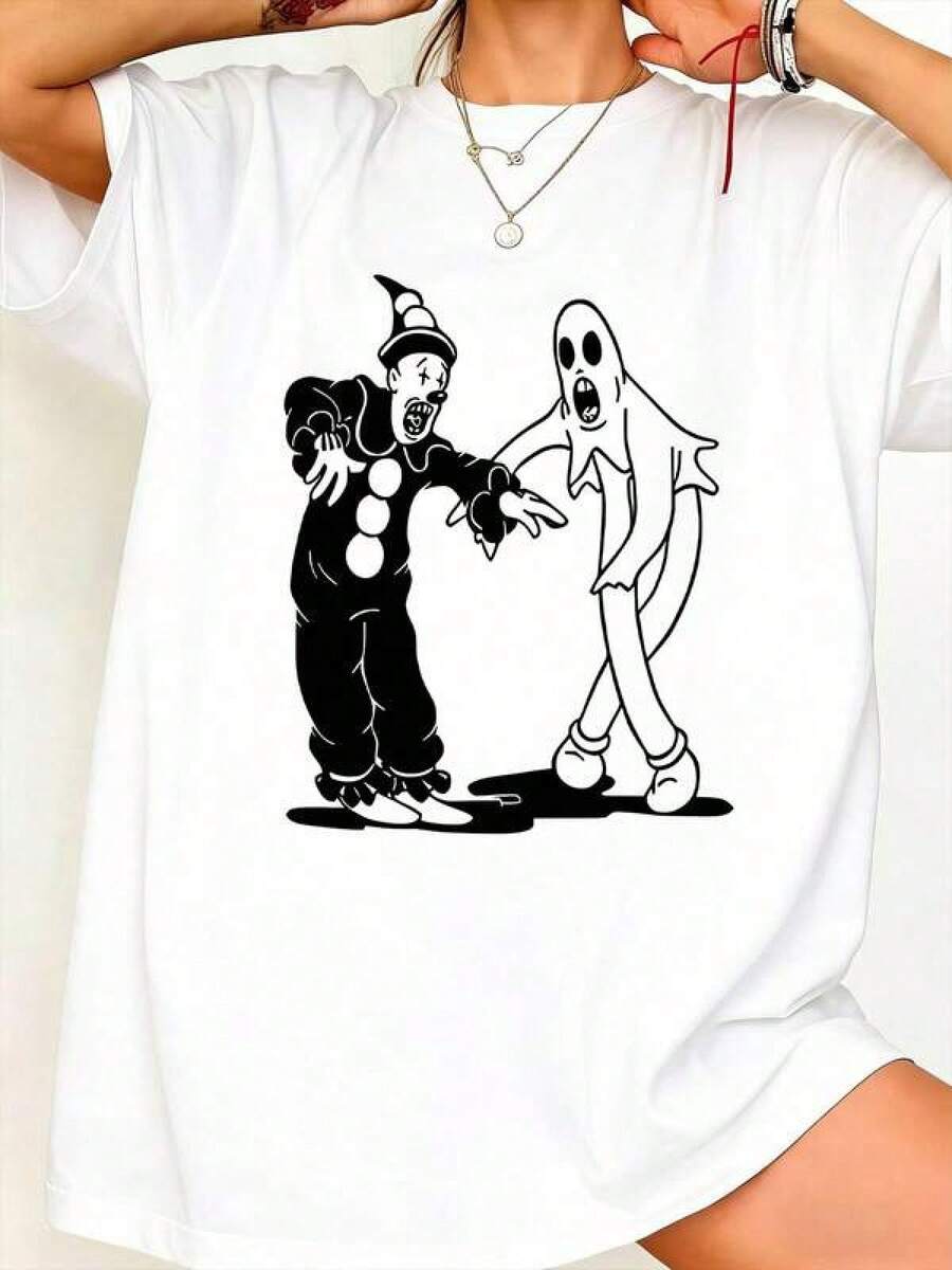 Graphic-Shirt Cotton Tees Size Plus1pcs Black White Spooky Fun Clown Ghost Retro Cartoon Character S разноцветный