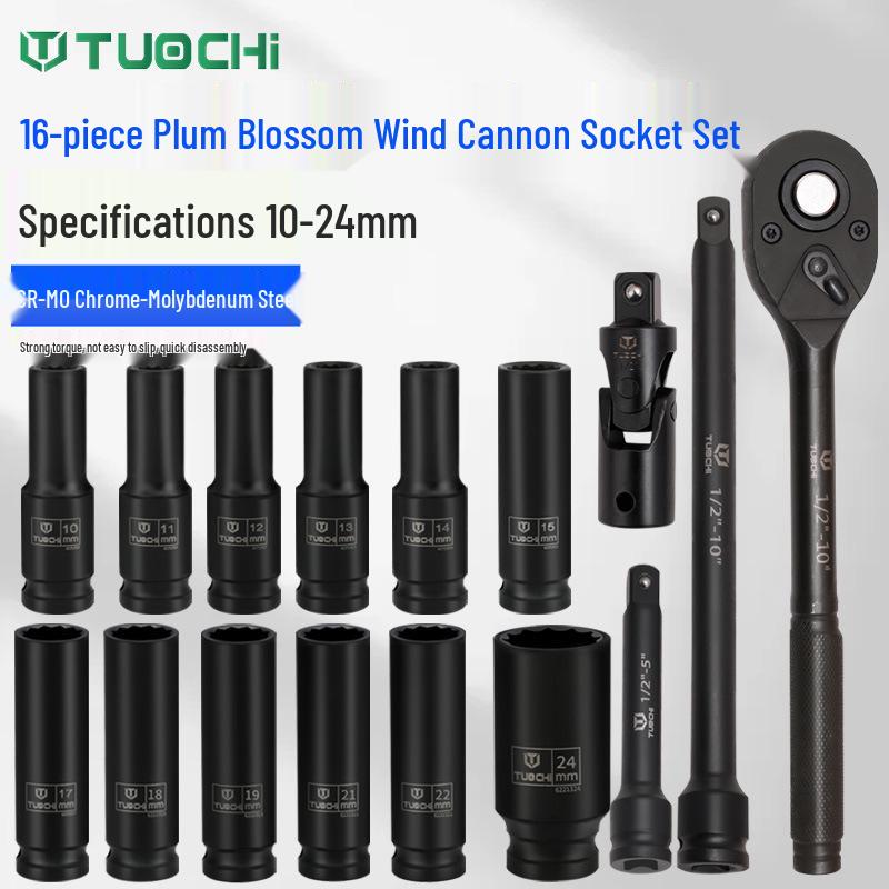 16-Piece Air Impact Wrench Set with Extended Sockets, Quick-Release Ratchet, Long Extension Bar, Universal Joint, and Tire Repair Kit