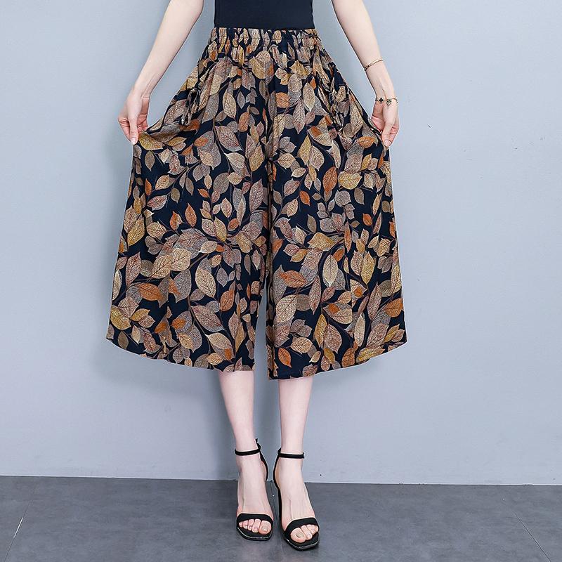 Letní kalhoty se širokými nohavicemi pro ženy Elegantní nadměrné velikosti Ležérní Elastický pas Sukňové kalhoty Vintage oblečení