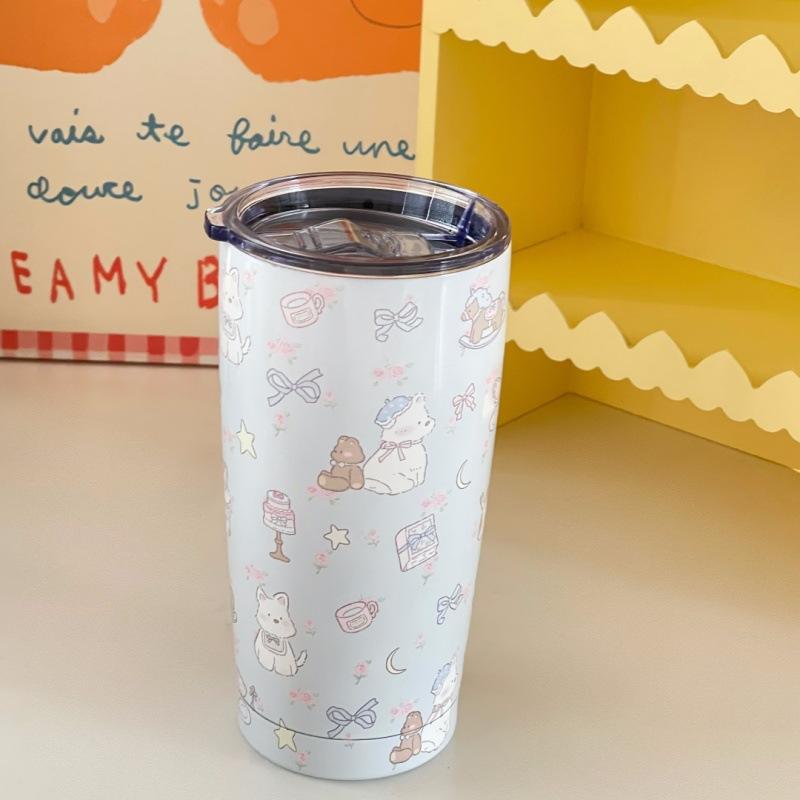 

500ML Cute Puppy 304 Stainless Steel Thermos Ice Coffee Juice Cup With Straw Large Capacity Tumbler Thermal Mug Drinkware Bottle 500ml синій