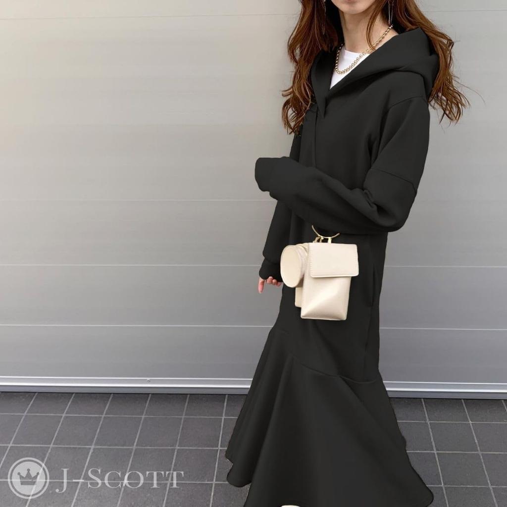 J-Scott Women's Mermaid Midi Hooded Dress with V-Neck, Long Sleeves, and Pockets, Black (JS133-BK-XL) - Limited Stock