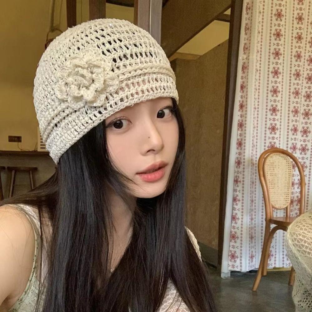 Y2k Flower Knitted Caps Hand-woven Beanies Cap Casual Sequin Crochet Hat  Spring Summer