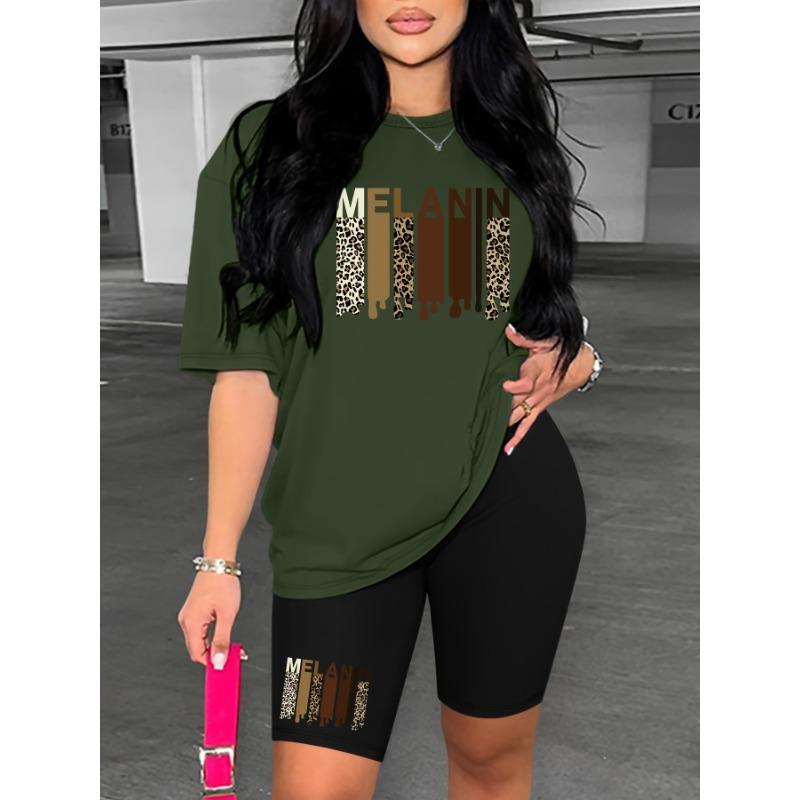 Women's Summer Casual Loose Fit Large Size MELANAN Print Round Neck Short Sleeved T-shirt+shorts Two-piece Set
