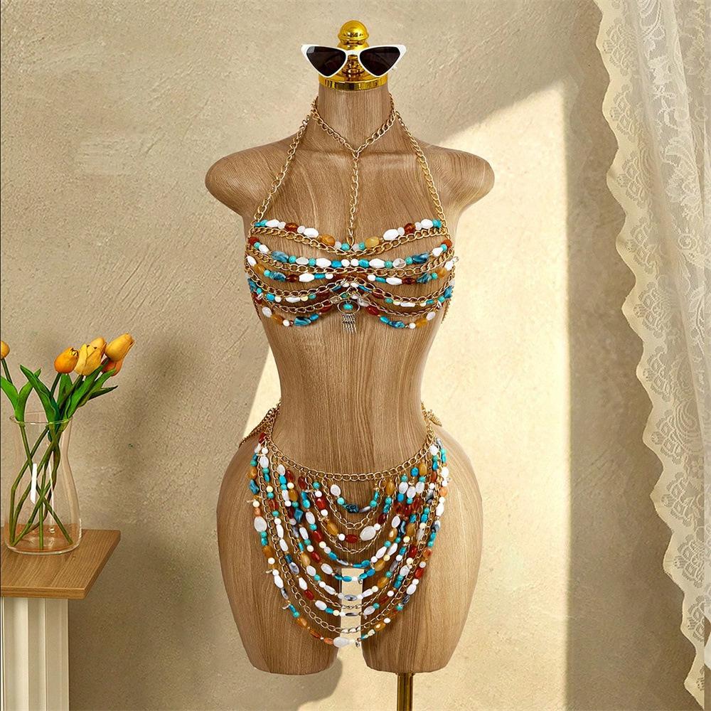 Fashion Sexy Metal Acrylic Neck Body Chain Colorful Beads Halter Dress Masquerade Stage Party Jewelry Accessories Two Pieces